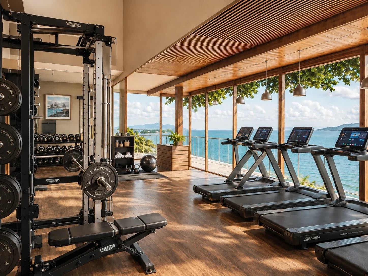 Rooftop fitness room with exercise equipment and ocean views
