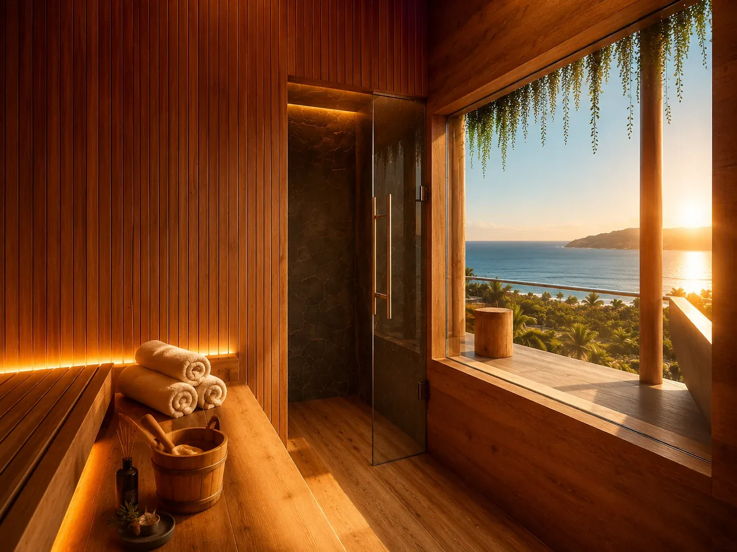 Wood-lined panoramic sauna overlooking the ocean