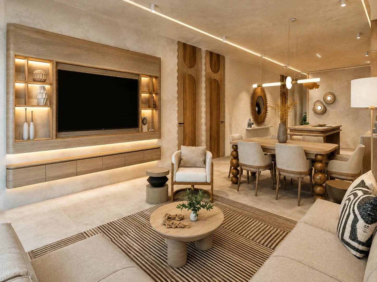 Two-bedroom living and dining area opening toward the ocean